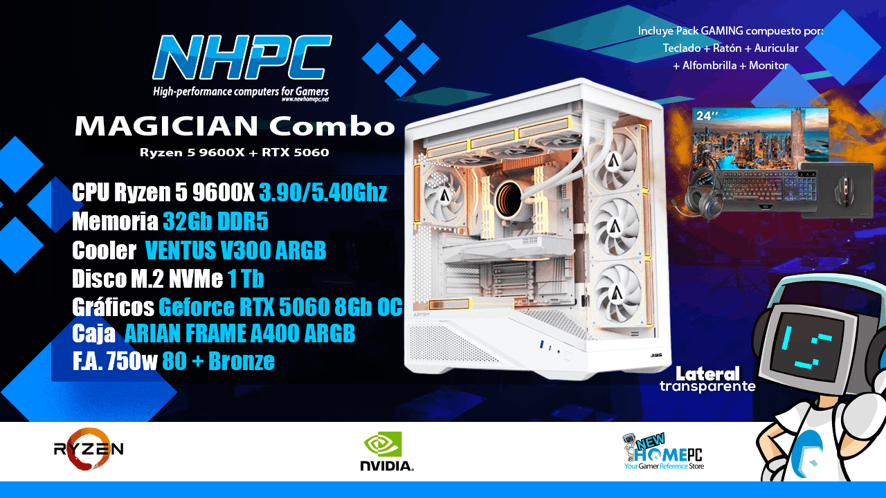 Combo PC Gaming NHPC Magician - Ryzen 5 7600X - 5060 - 32GB - 1TB - Monitor - Periféricos
